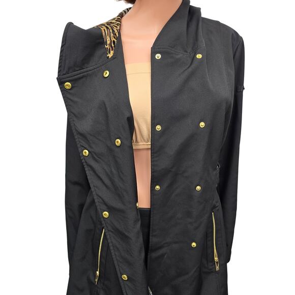 NWOT Via Spiga Hooded Trench Coat Raincoat Black Animal Print Faux Fur Lining M - Picture 9 of 16